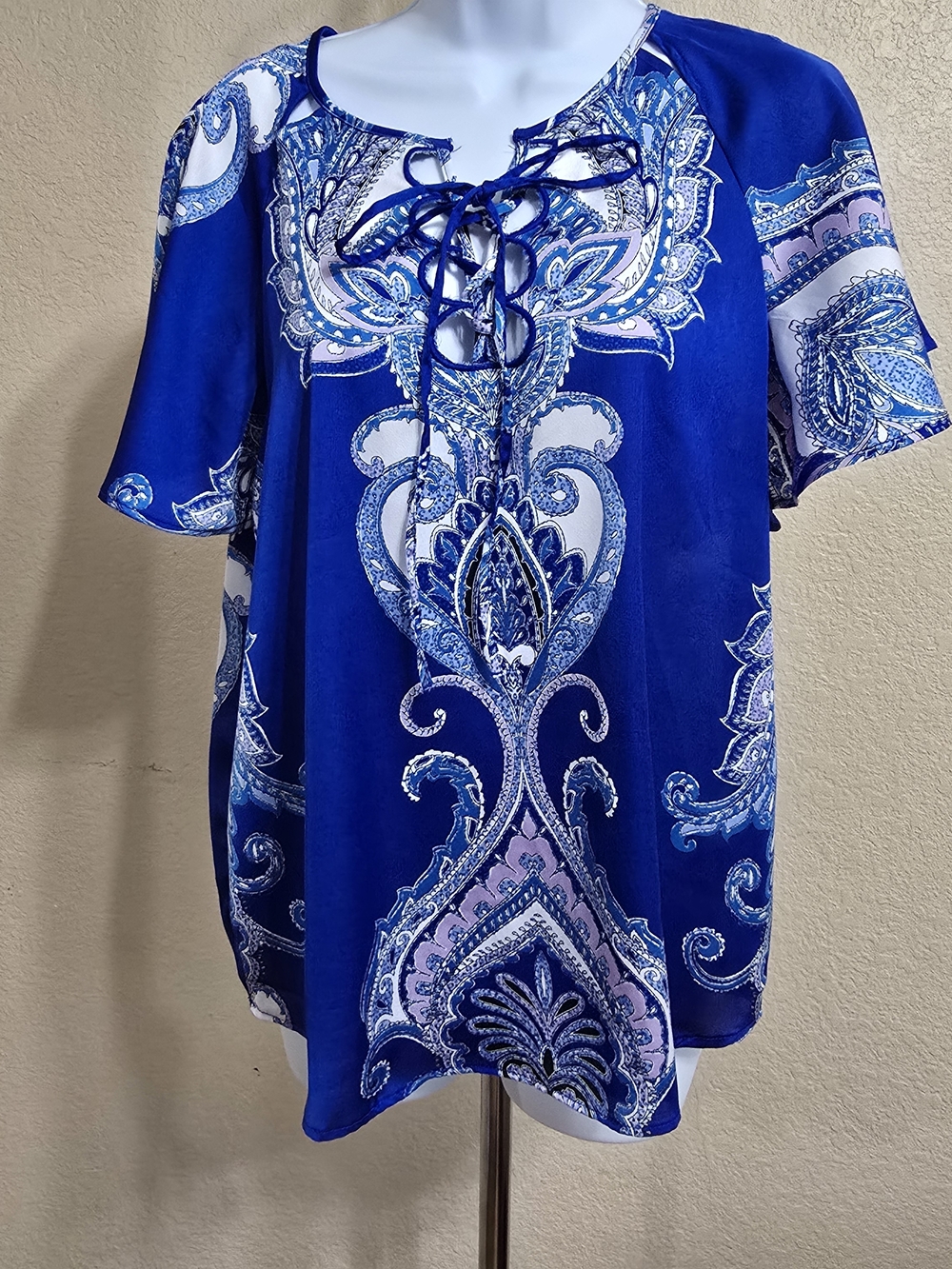 Lace-Up Paisley Print Women's Top - Royal Blue